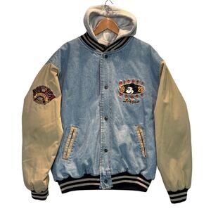 Vintage Disney Mickey Mouse League Jacket Mens XL Blue Varsity Bomber Denim 90s